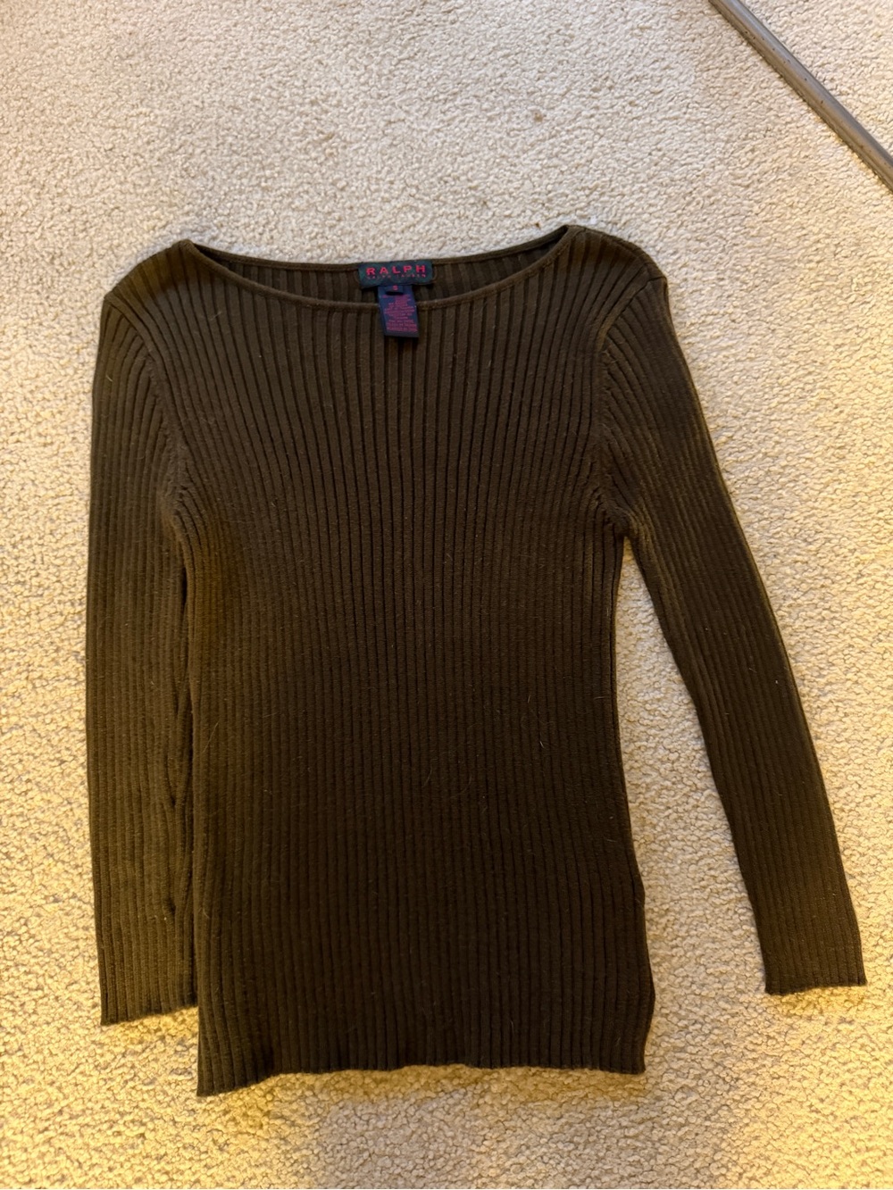 Ralph Lauren Olive Green Knit Ribbed Scoop-Neck Sweater